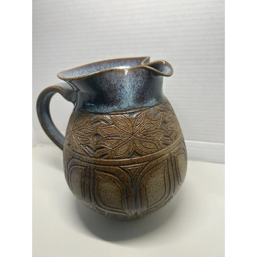 Susan Brown Freeman Incised Monstera Studio Pottery Pitcher 7 1/2